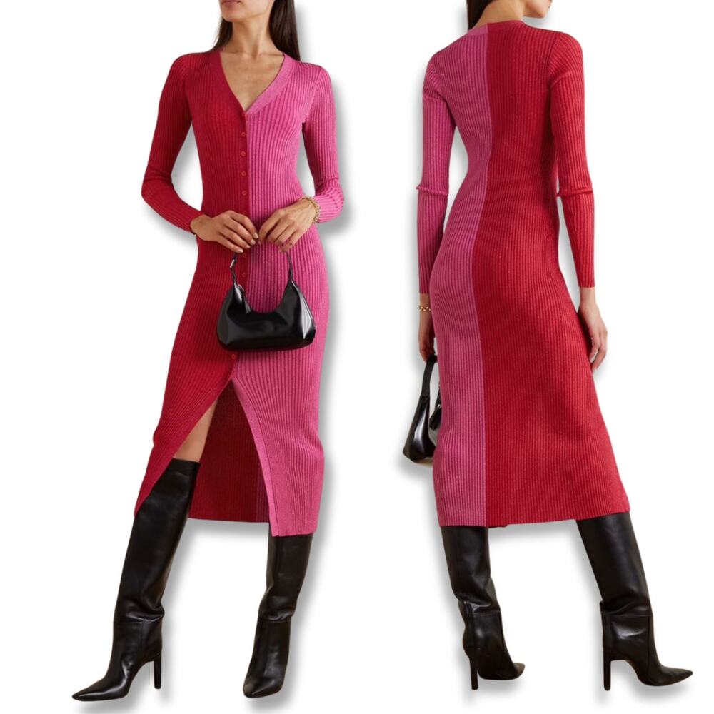 STAUD NWT Shoko Two-Tone Metallic Ribbed Knit Midi Dress in Pink Size Small